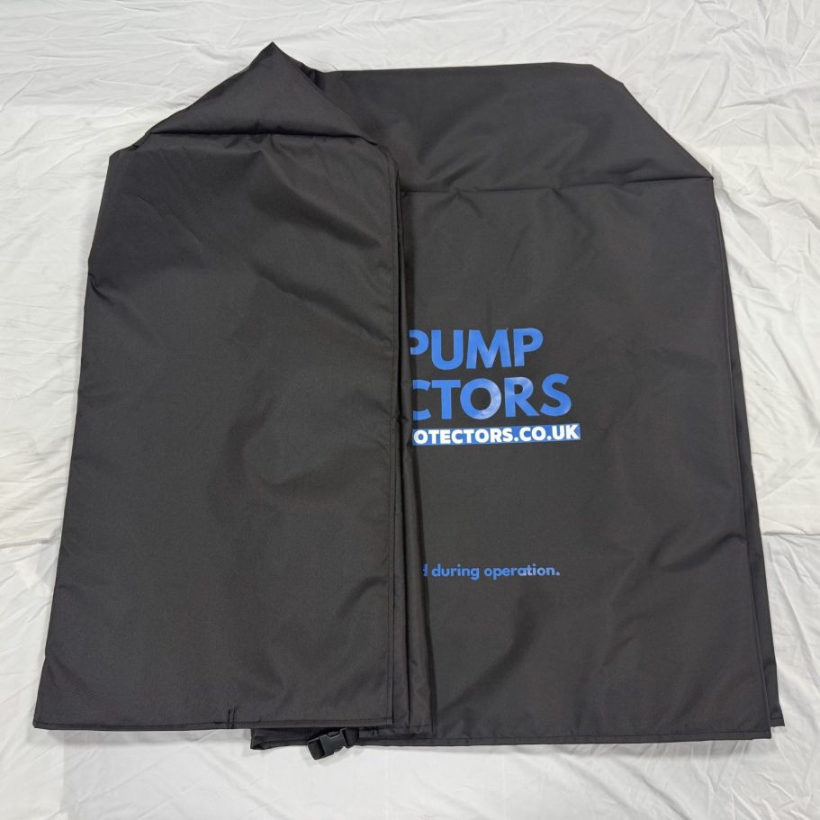 Folded HPP A folded black cover with blue text, marked “PUMP PROTECTORS"